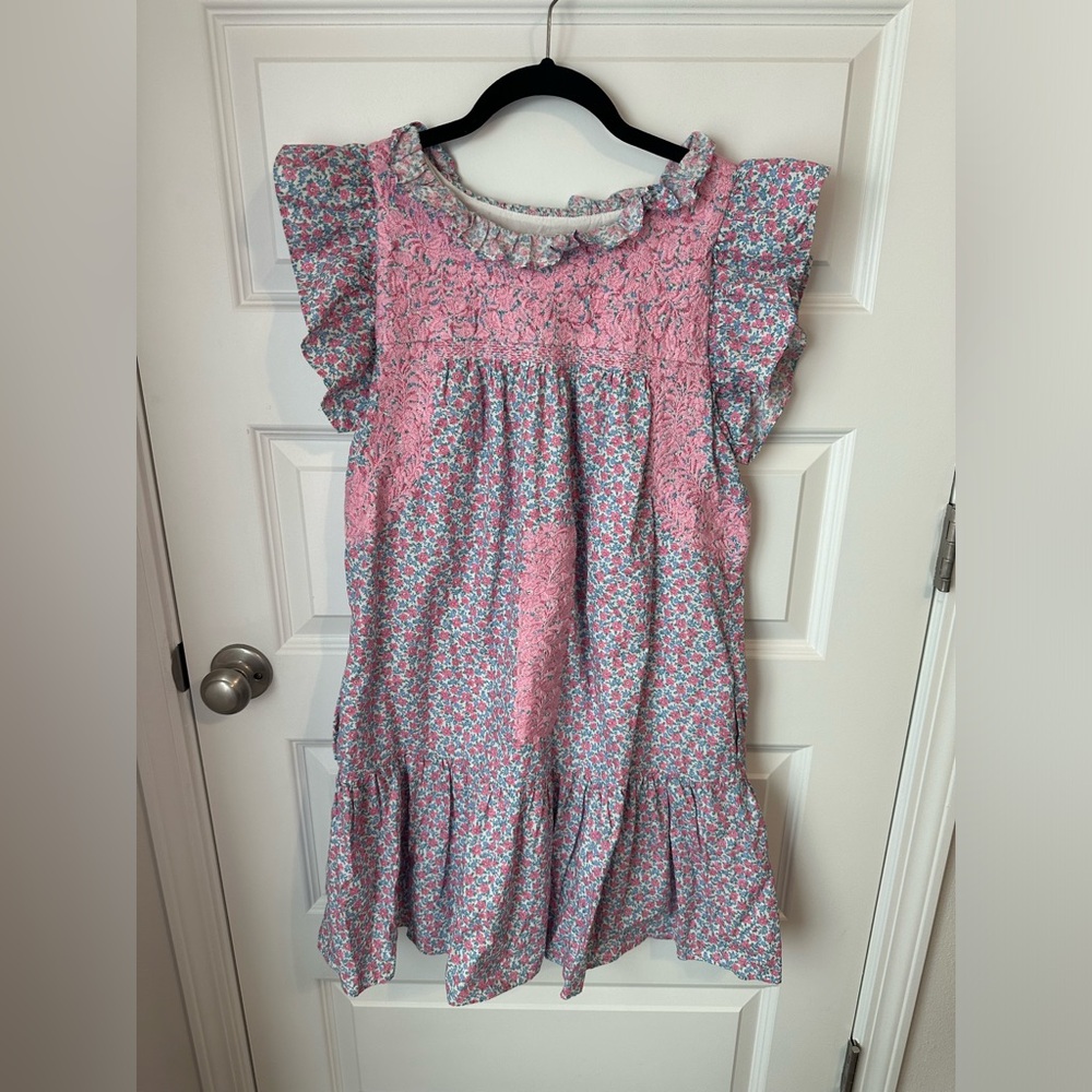 J Marie Floral Pink and Blue Ruffle Dress XS